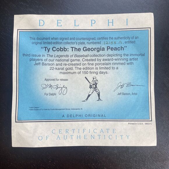 DELPHI TY COBB: THE GEORGIA PEACH LARGE 8" PLATE BRADFORD EXCHANGE - Picture 3 of 6